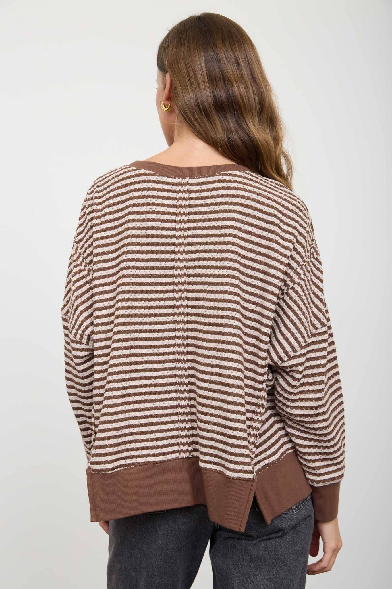 Stripe Exposed Seam Split Hem LS Knit Top