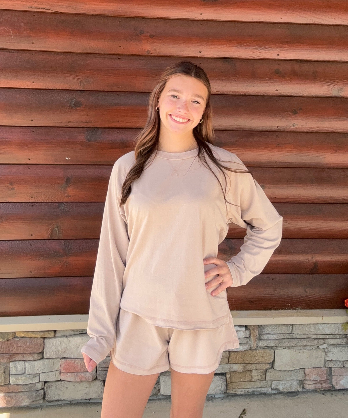 Mineral Wash LS Raw Edge Top & Shorts Set