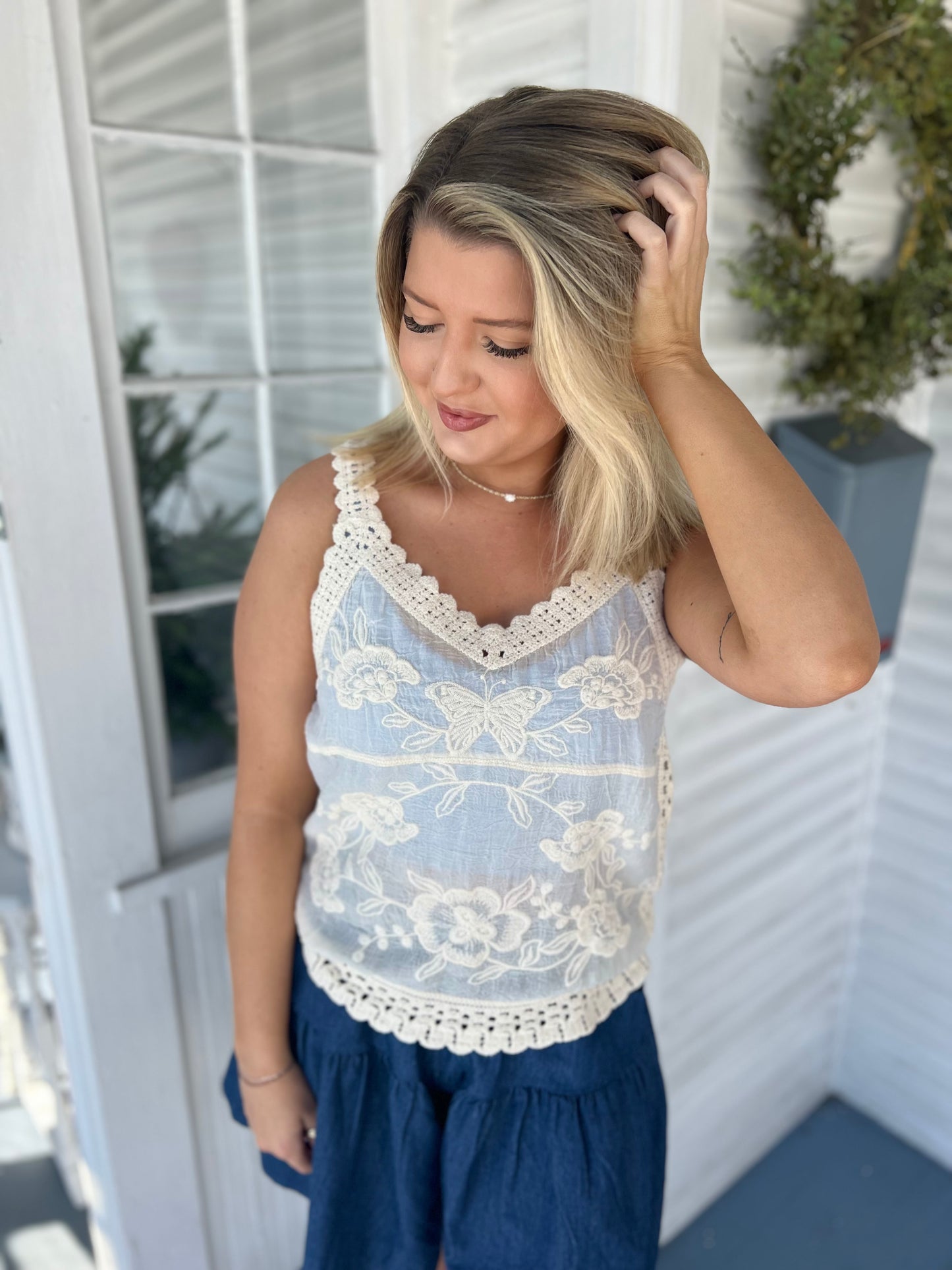 Embroidered Crochet Tank Top