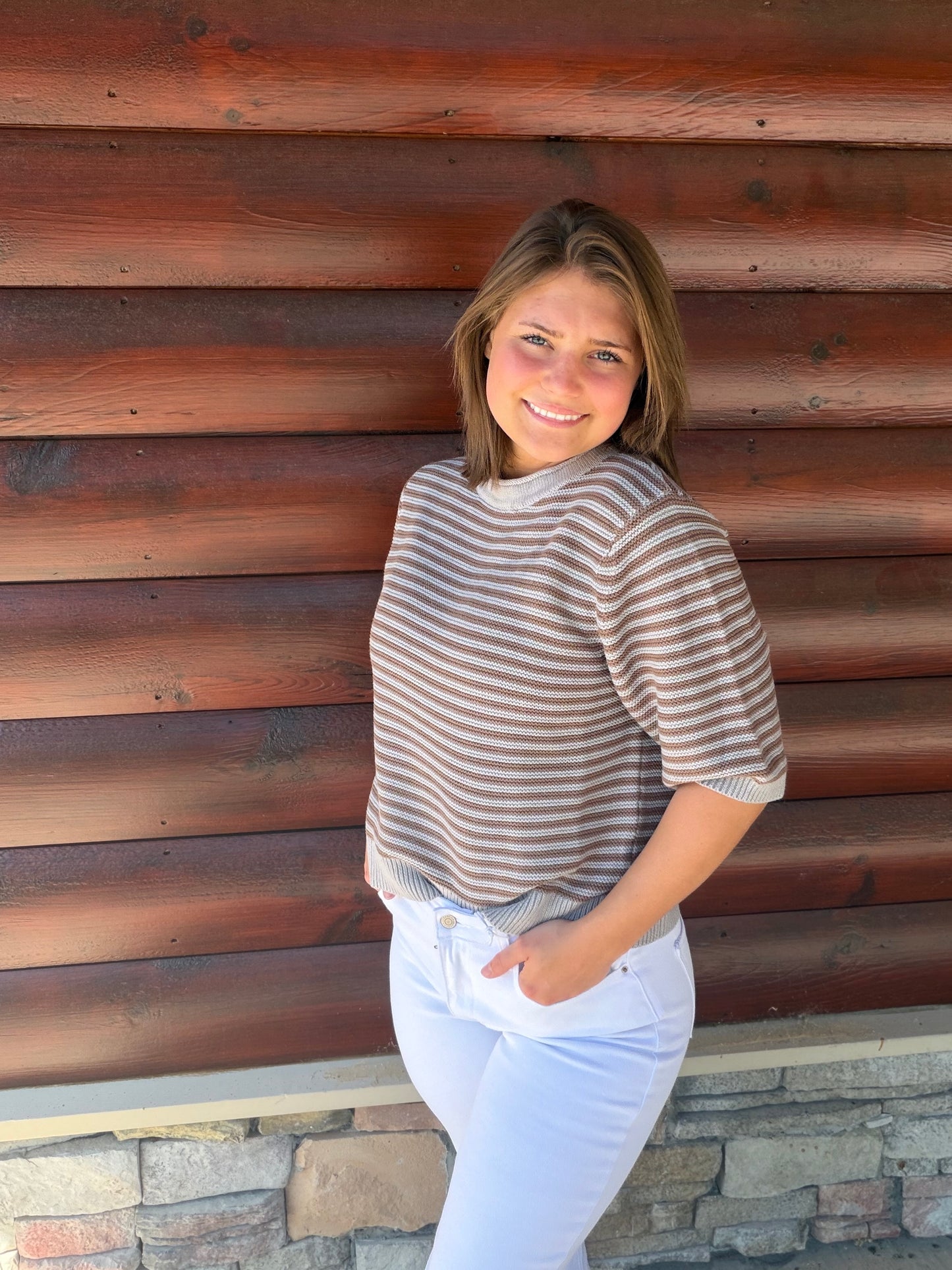 Textured Stripe Crewneck Half Sleeve Sweater