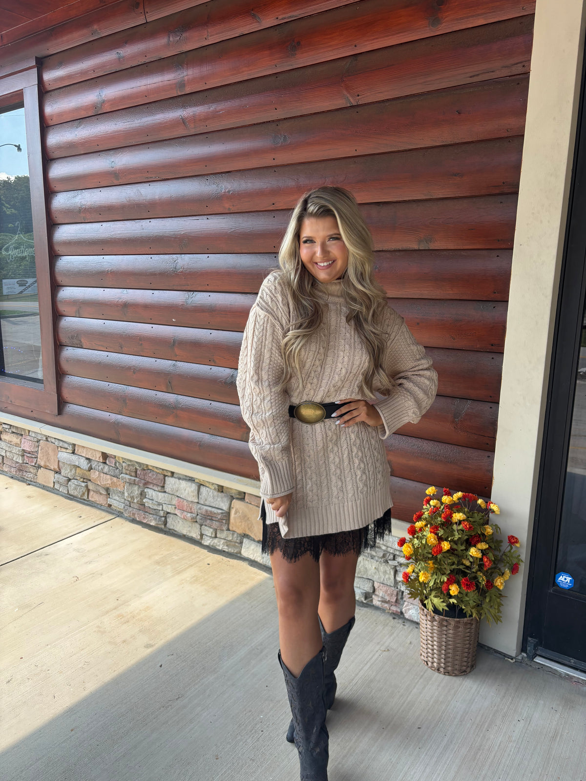 Cable Knit Mock Neck Mini Sweater Dress