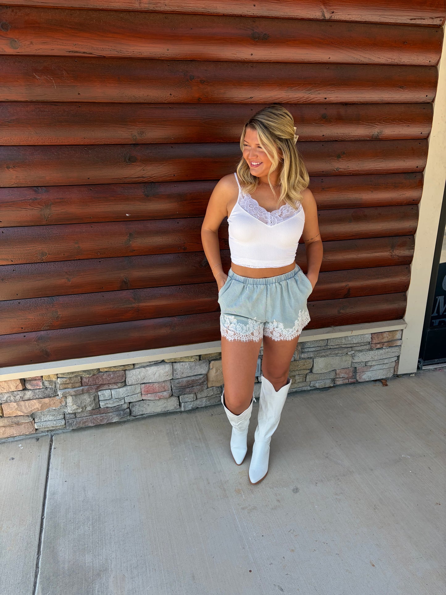 Lace Trim Denim Shorts