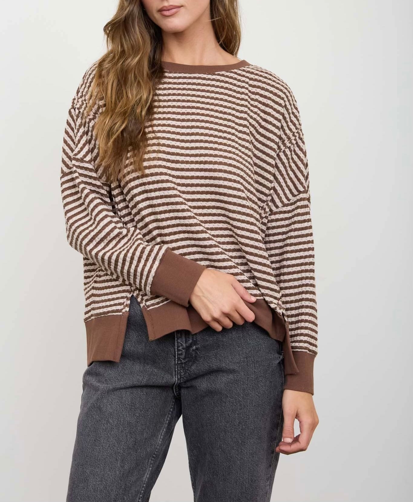 Stripe Exposed Seam Split Hem LS Knit Top