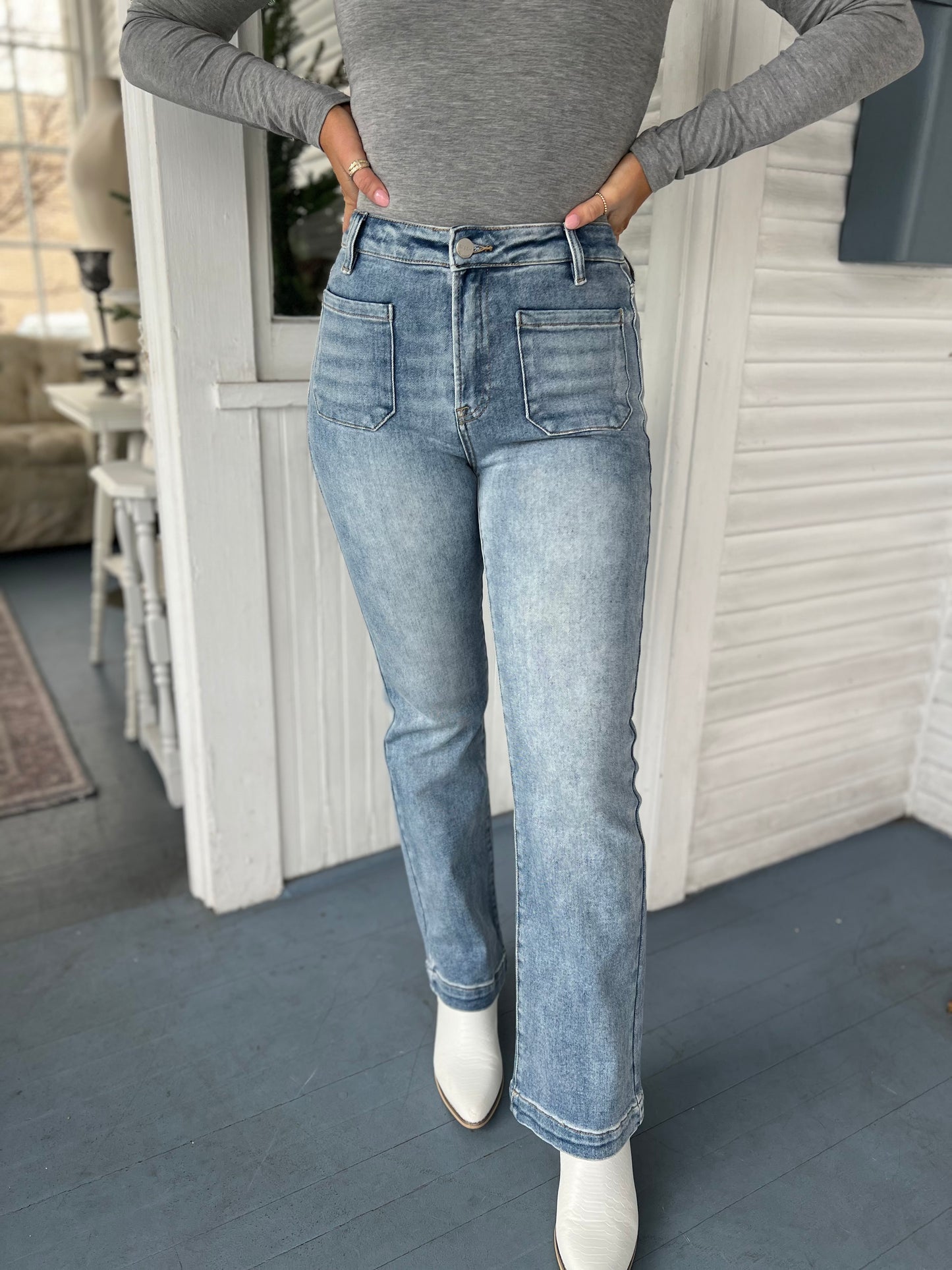 High Rise Ankle Bootcut With Patch Pocket