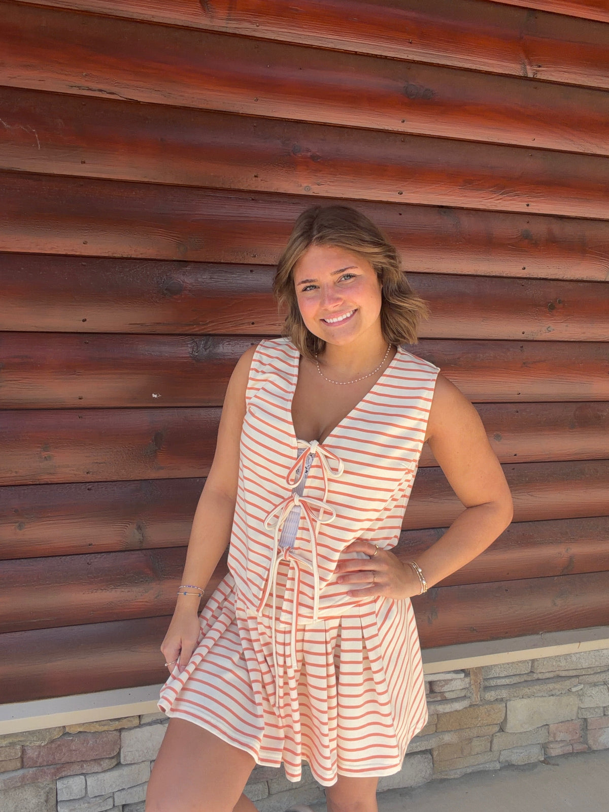 Striped Tie Front Vest + Pleated Skirt Set