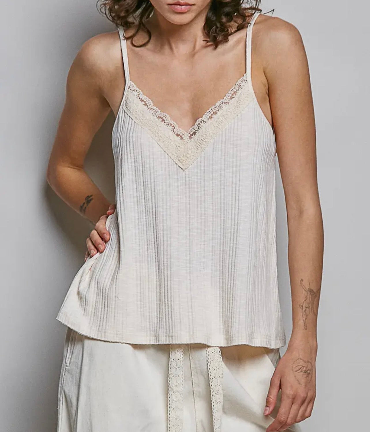 Textured Knit Vneck Lace Trim Cami