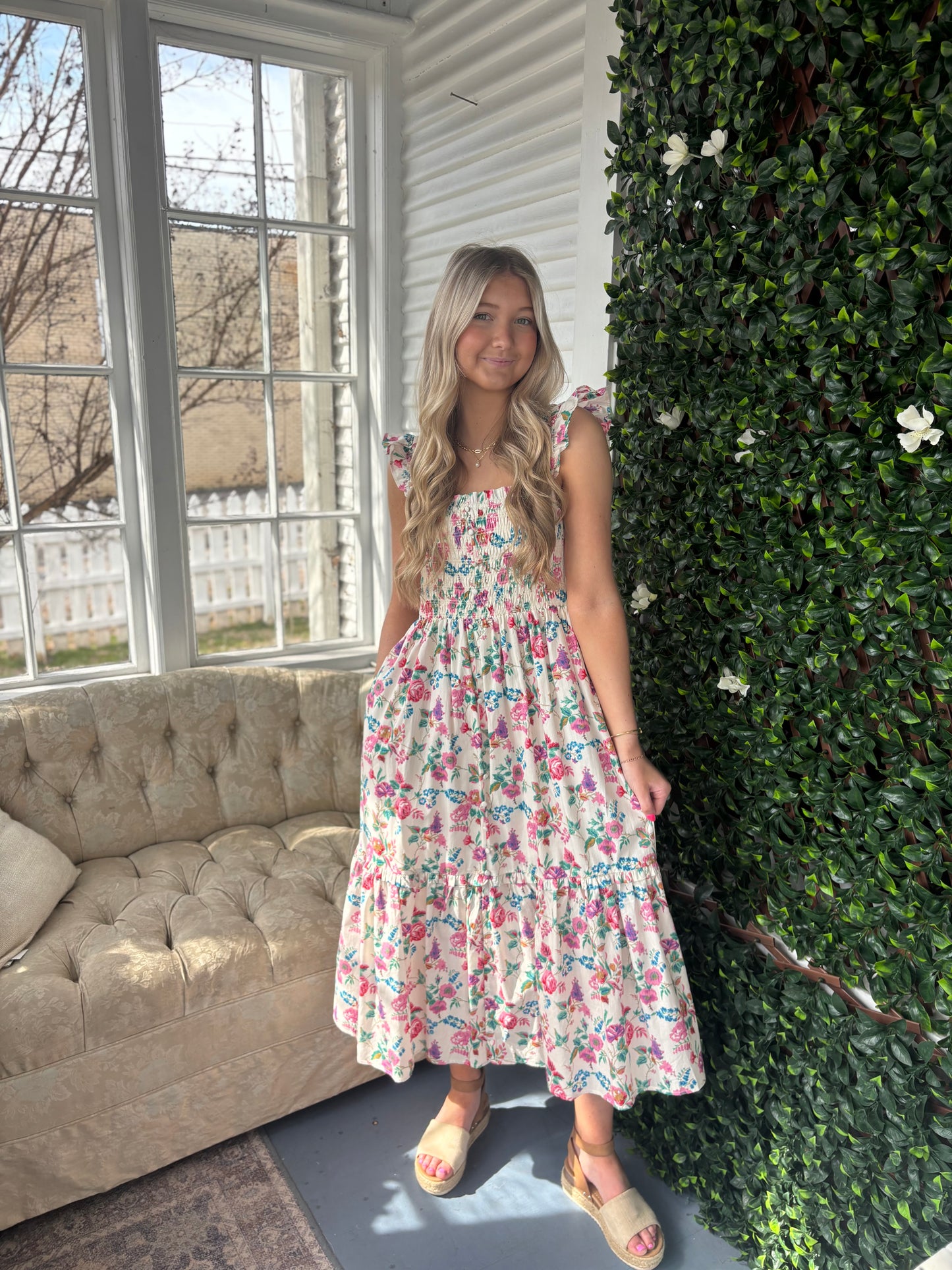Smocked Floral Maxi With Button Detail