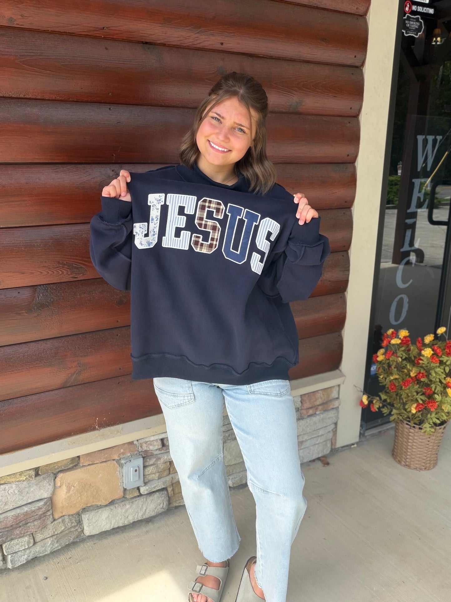 ‘JESUS’ Embroidered Patchwork Mock Neck