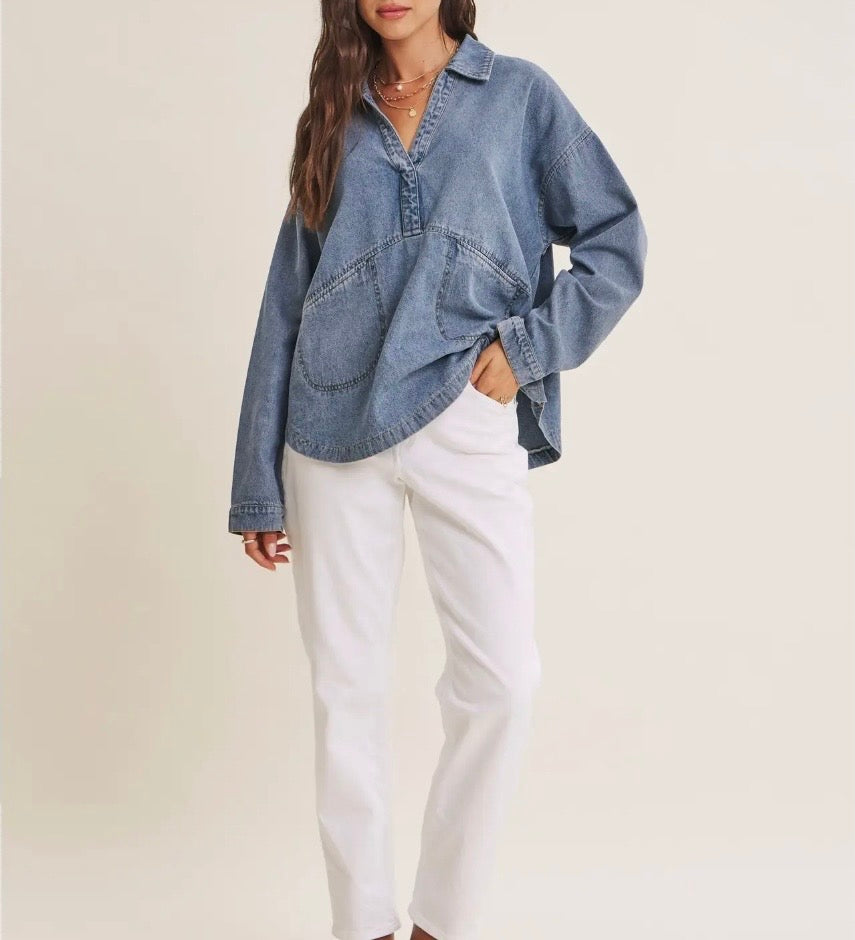 Mineral Washed Oversized Cotton Denim Pocket Top