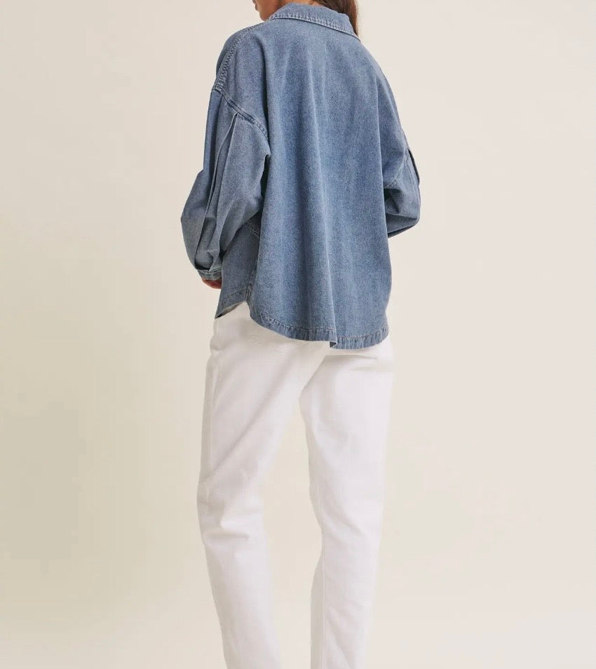 Mineral Washed Oversized Cotton Denim Pocket Top