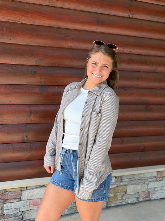 Striped Collared LS Button Down Top
