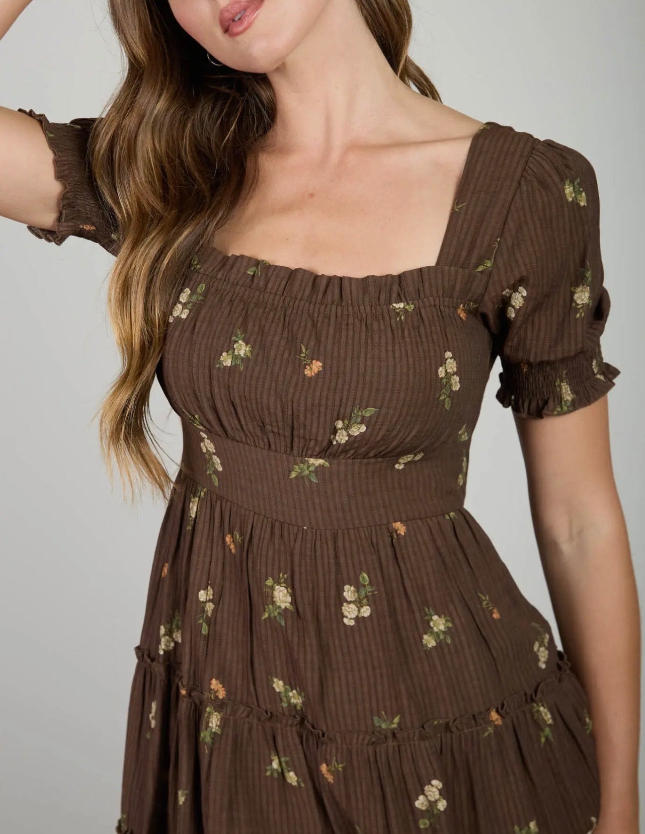 Brown Floral Tiered Mini Dress