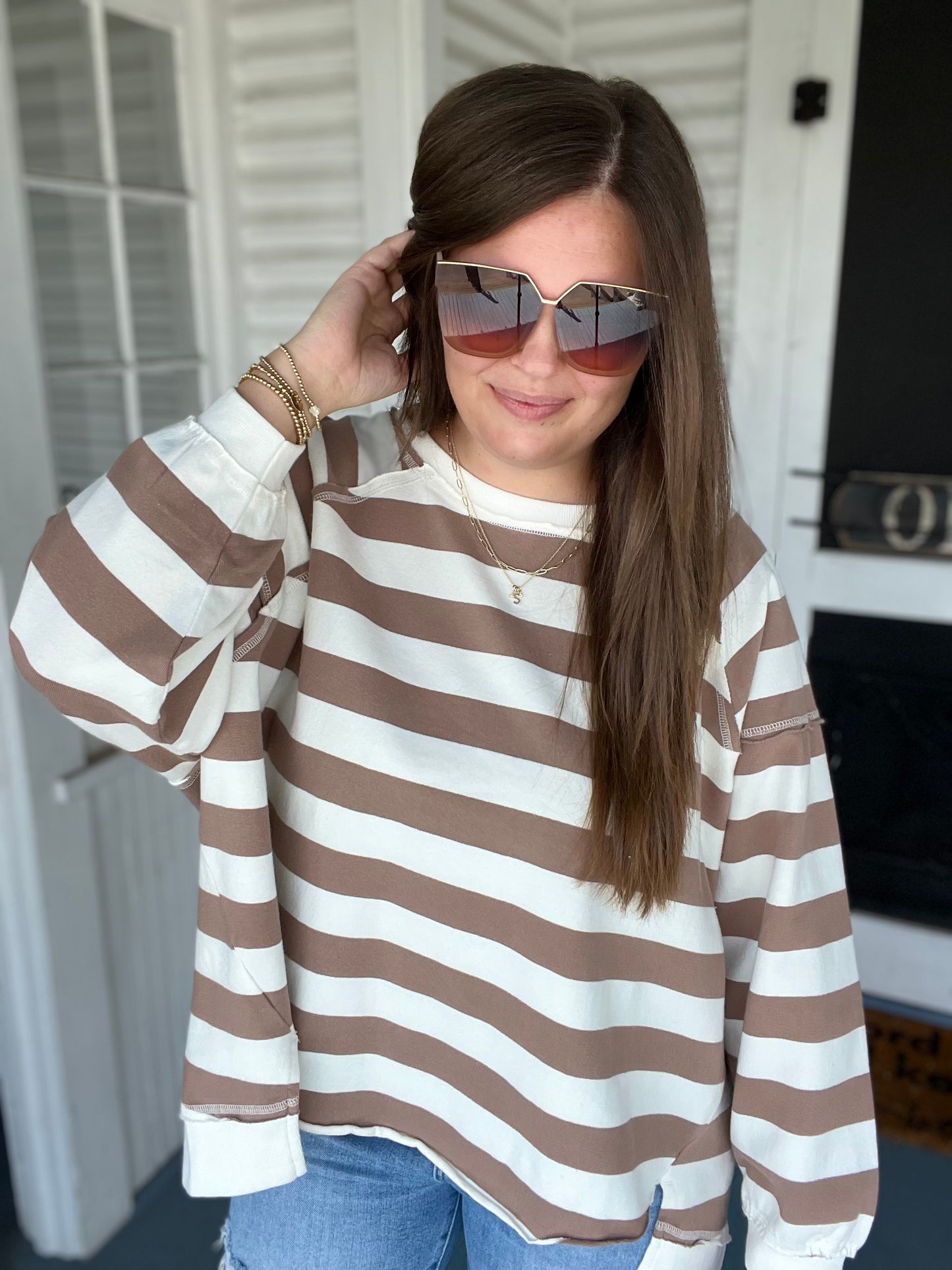 Striped Oversized Round Neck Sweatshirt