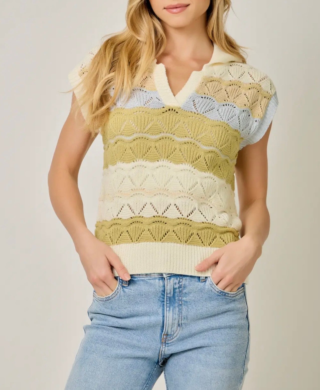 Color-Striped Ponte Polo SS Sweater