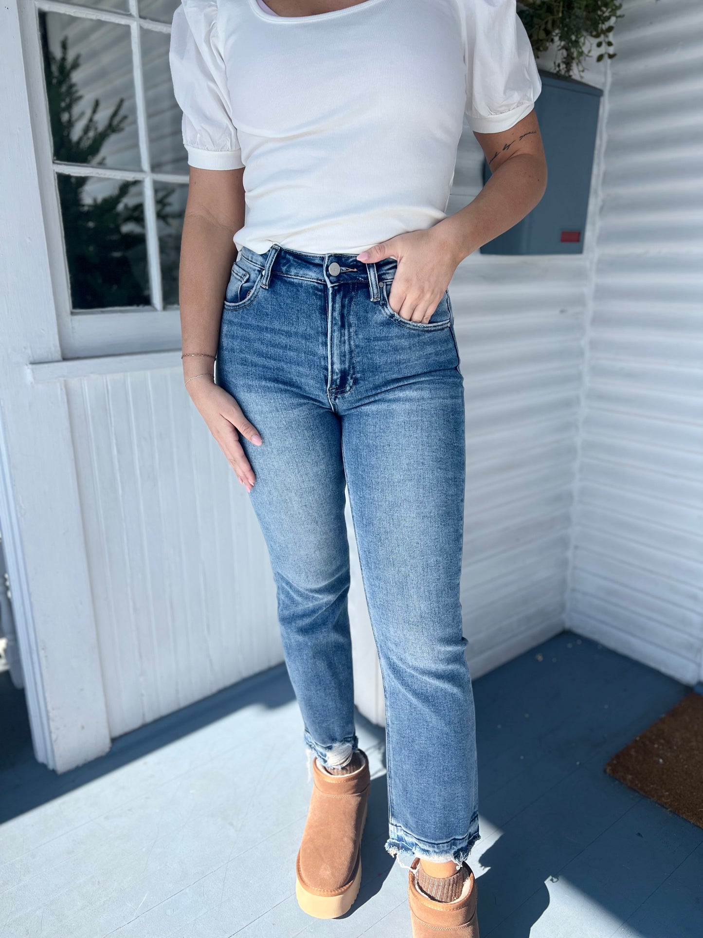 High Rise Shadow Hem Straight Leg
