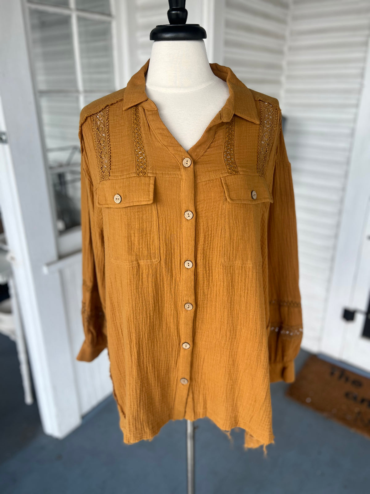 Mustard Gauze Button Down Top