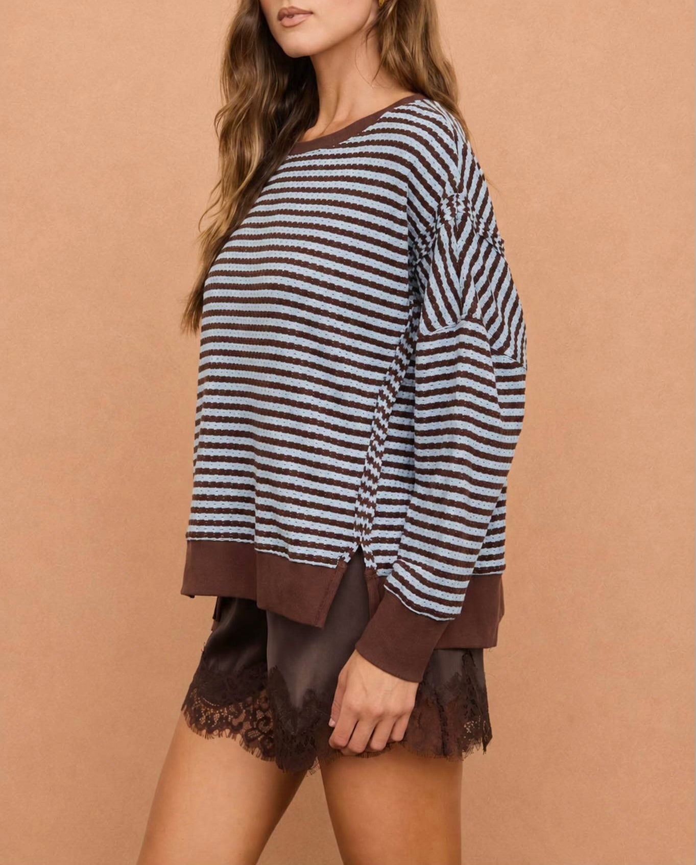 Stripe Exposed Seam Split Hem LS Knit Top