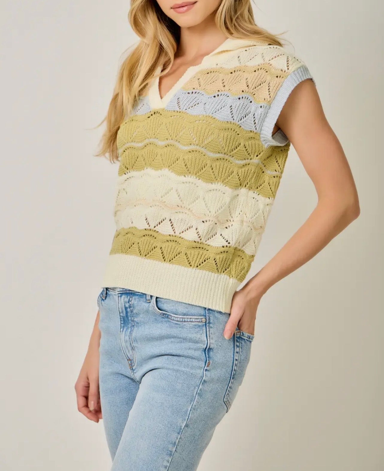Color-Striped Ponte Polo SS Sweater