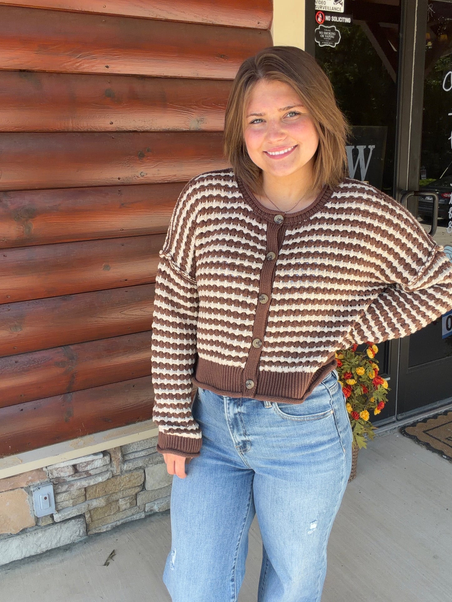 Textured Stripe Crochet Knit Button Down Cardigan