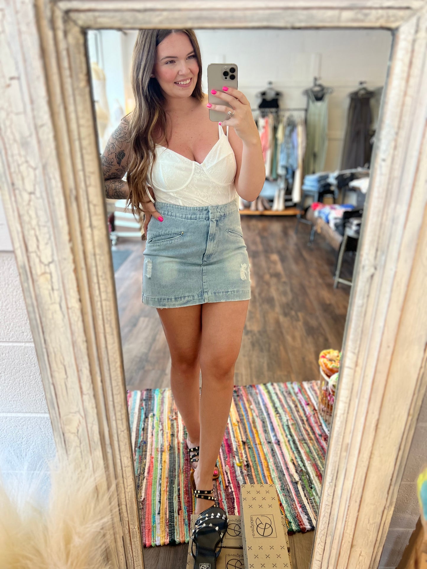 Slant Pocket Distressed Denim Skirt