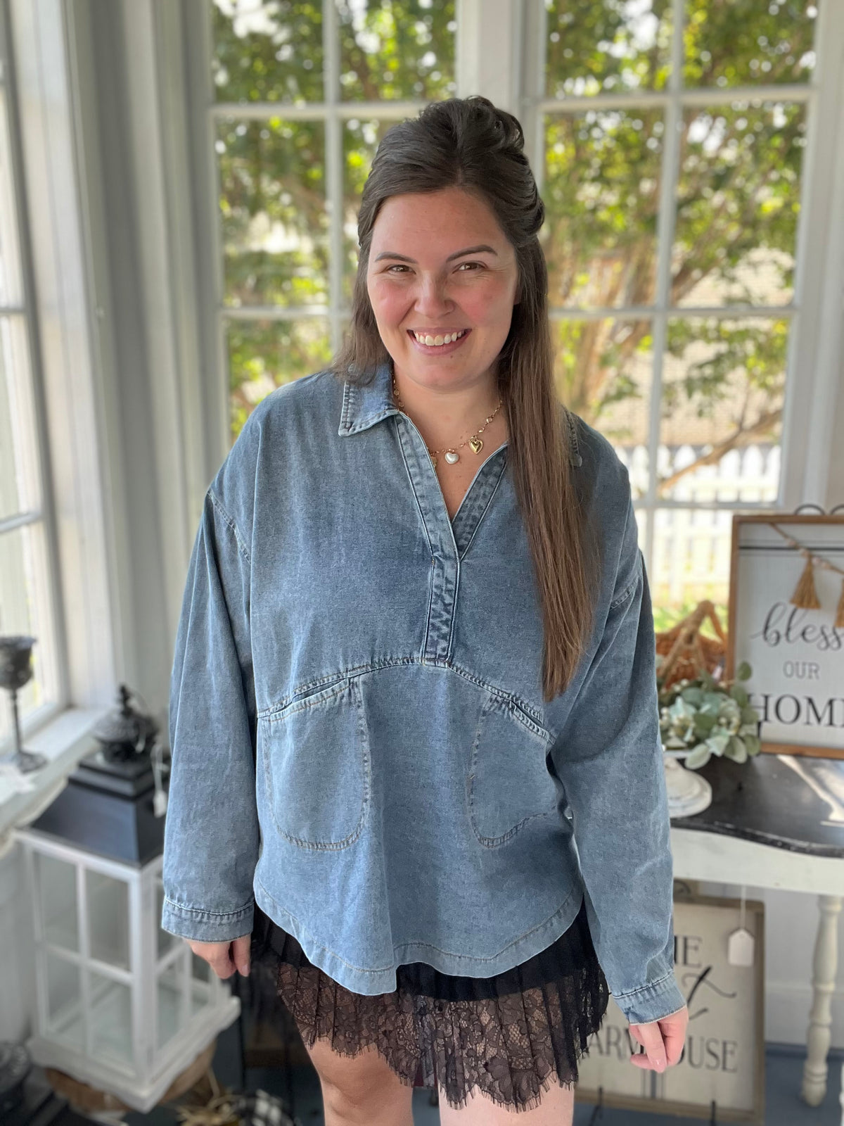 Mineral Washed Oversized Cotton Denim Pocket Top