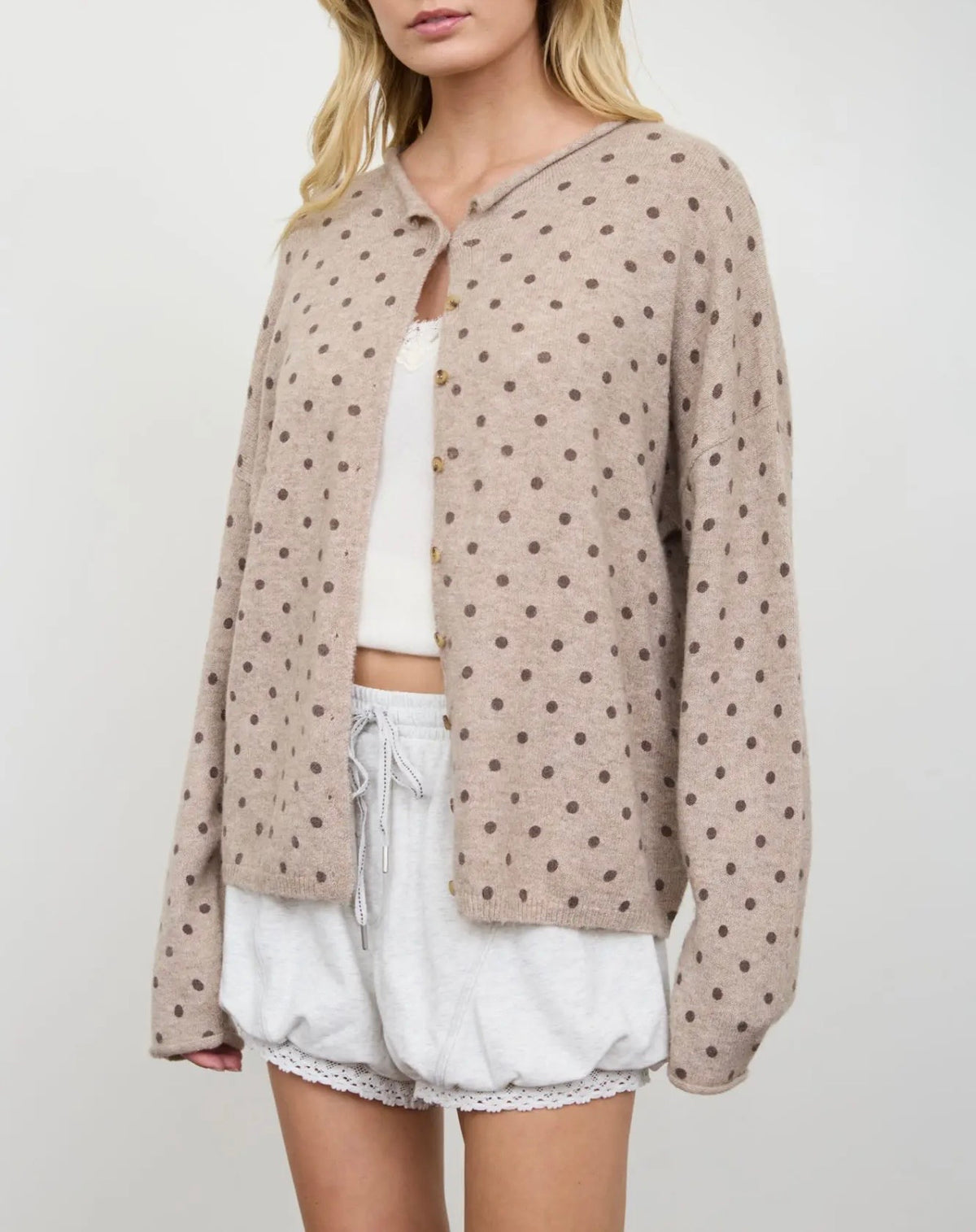 Polka Dot Button Down Raw Edge Knit Cardigan