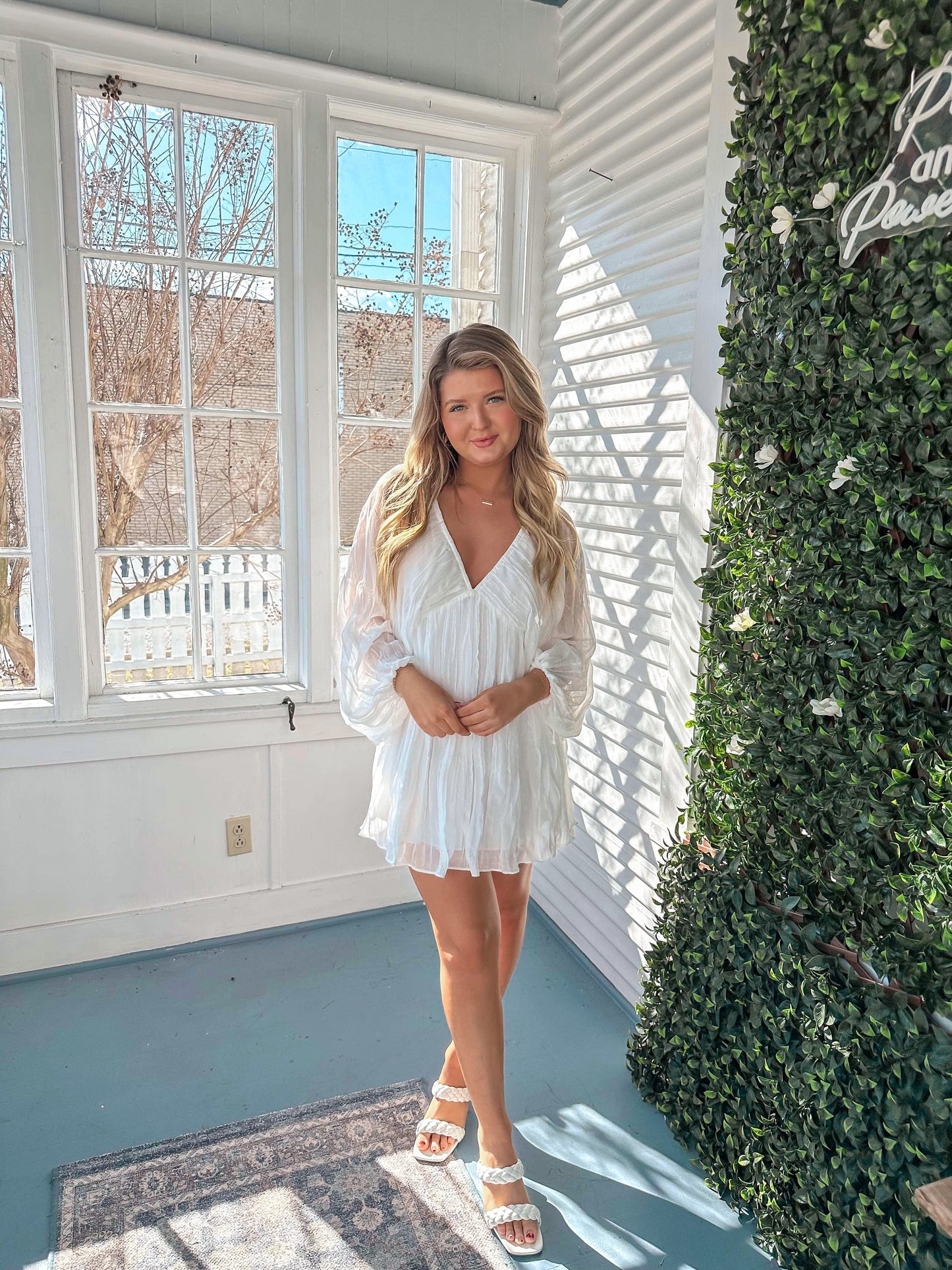 White Crinkle LS Vneck Dress