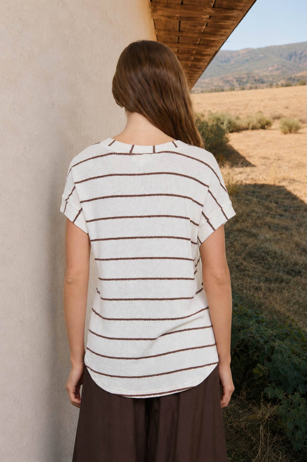 Stripe Vneck Cuffed Sleeve Knit Top