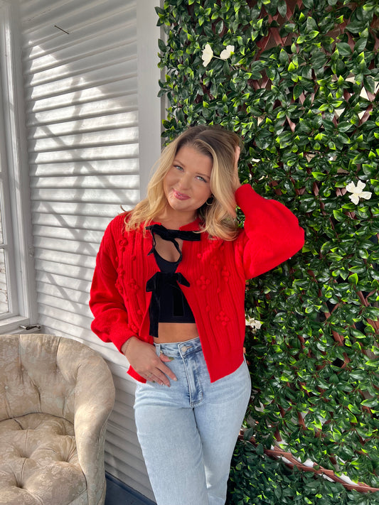 Velvet Bow Red Cardigan