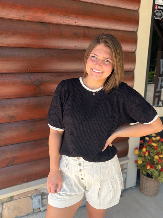 Contrast Trim Puff Sleeve Ribbed Knit Sweater