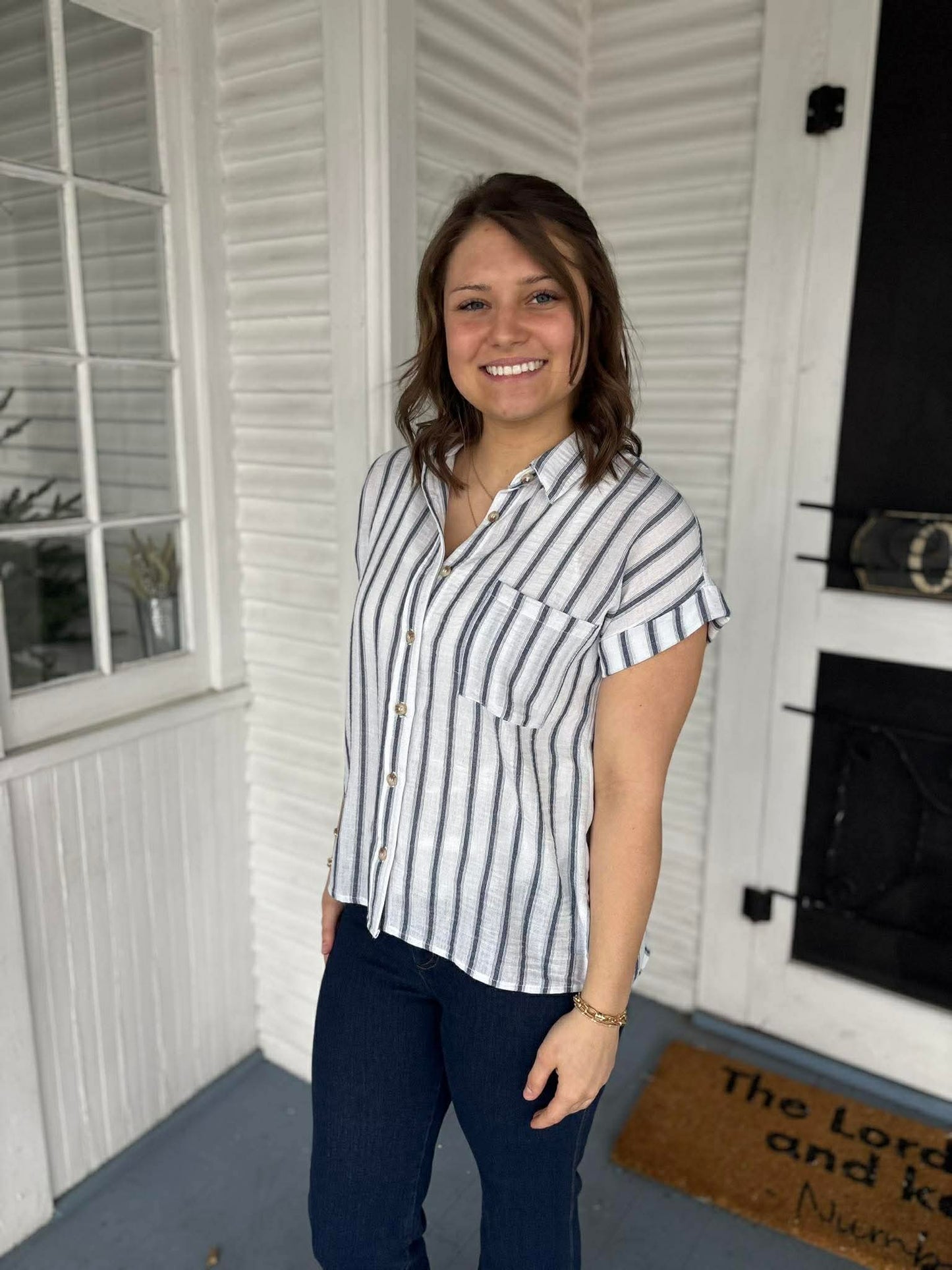Navy Stripe Linen SS Button Down Top