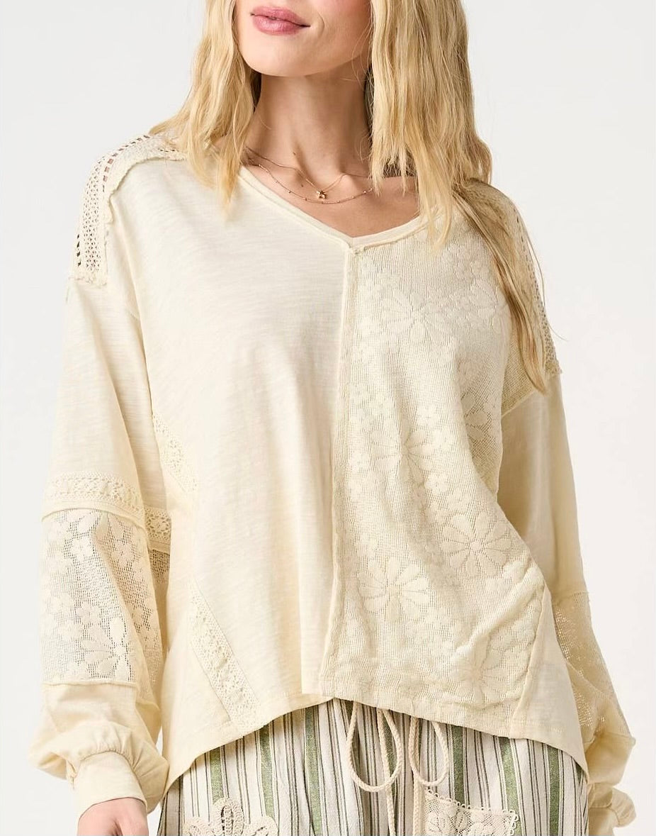 Mix Media Floral Lace Oversized LS Top