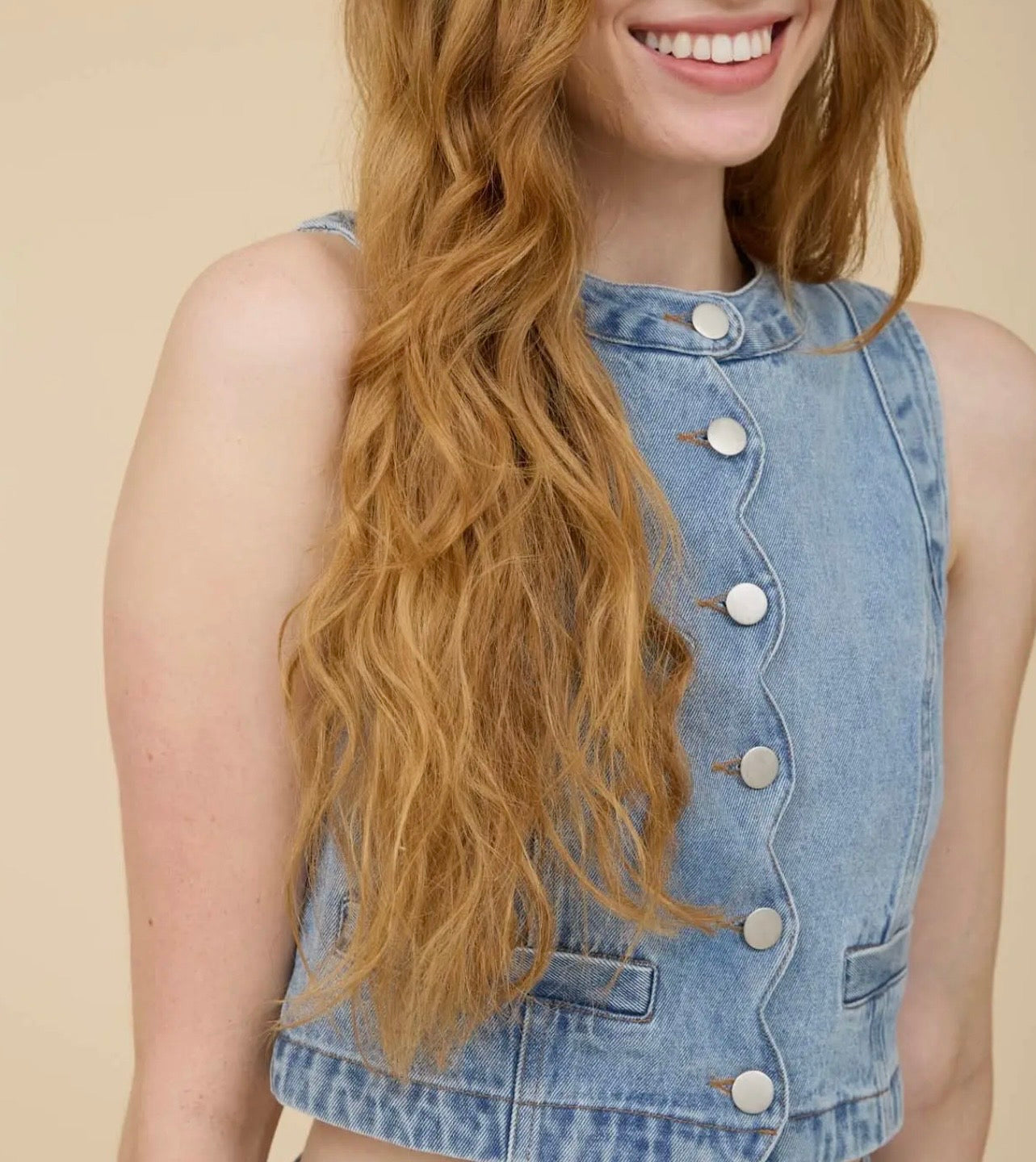 Scalloped Sleeveless Denim Top