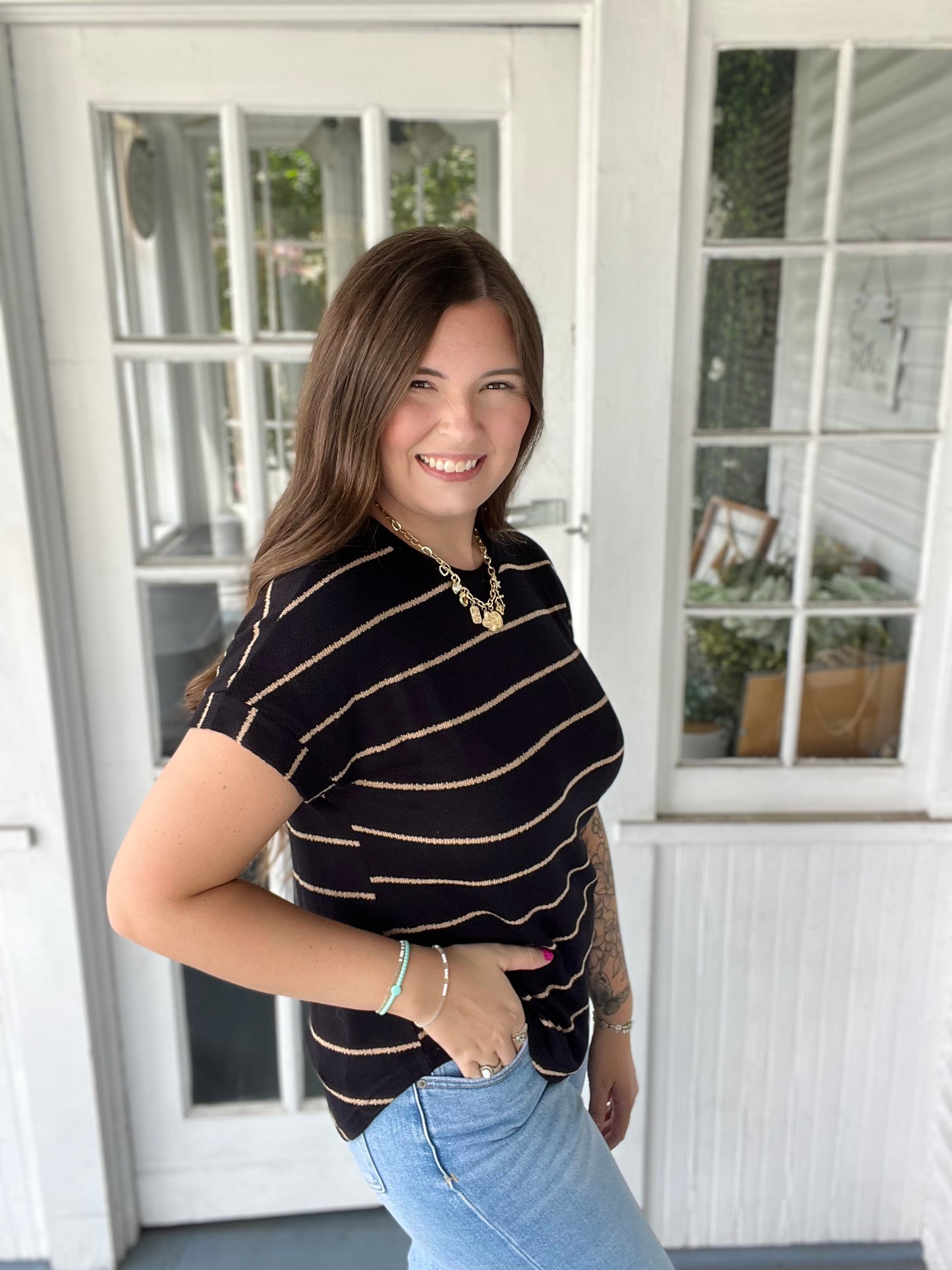 Short Sleeve Stripe Knit Top