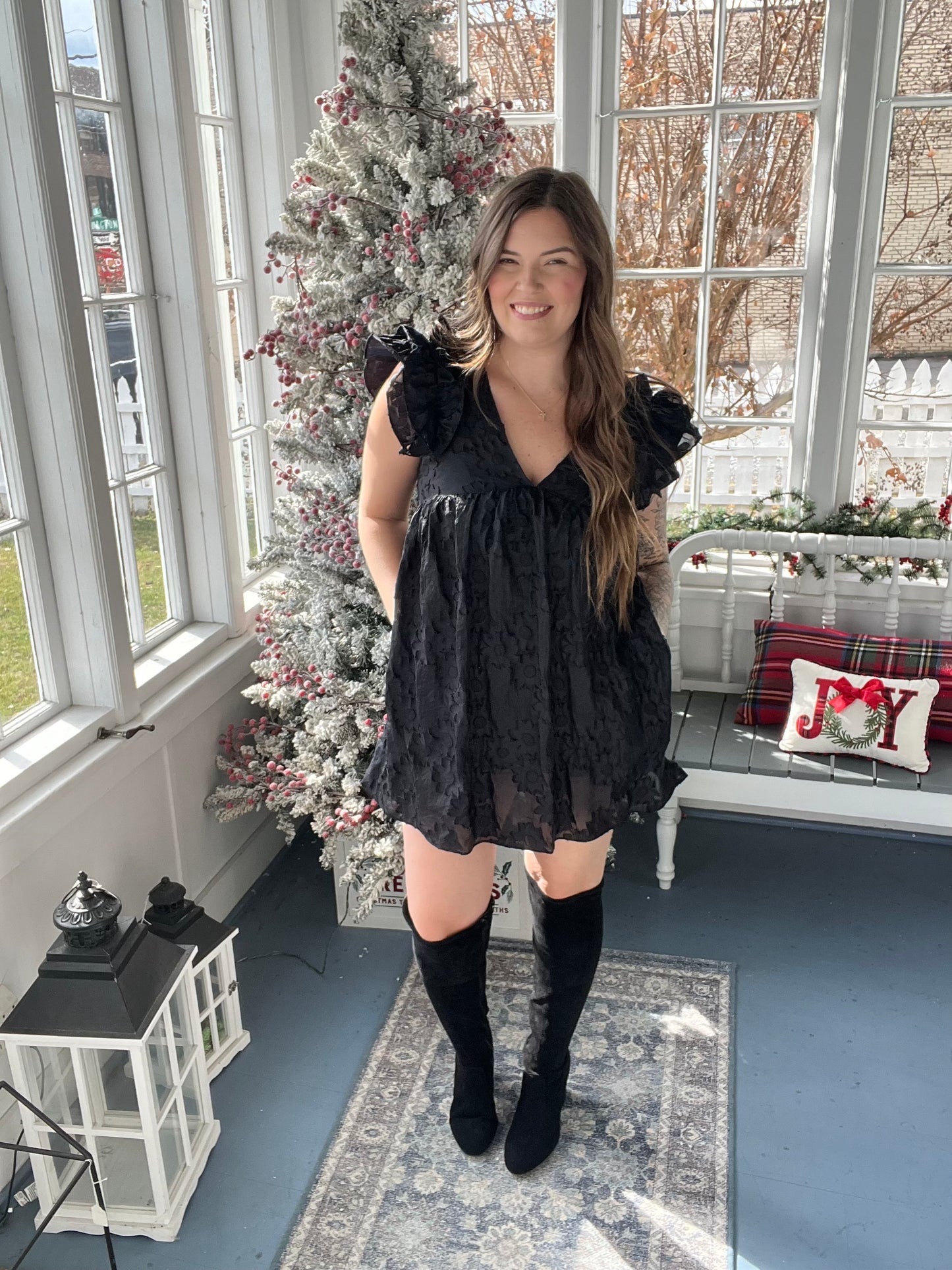 Black V-Neck Flower Stitched Romper