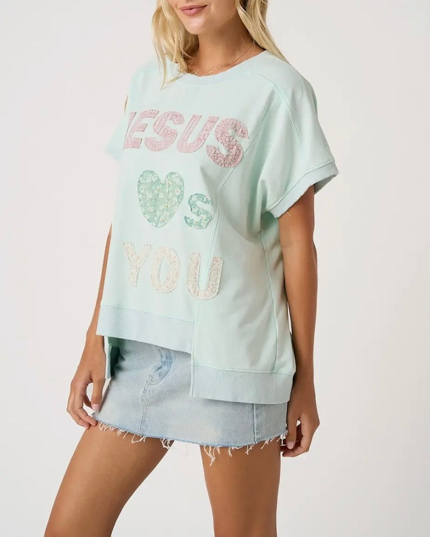 Jesus Loves You Patchwork French Terry SS Top