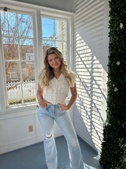 Lace Ruffle Sleeve Knit Button Top