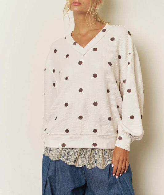 Polka Dot LS Textured Knit Top