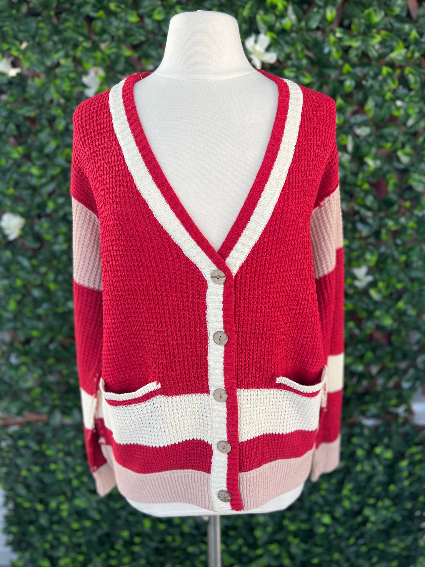 Raspberry Colorblock Button Cardigan