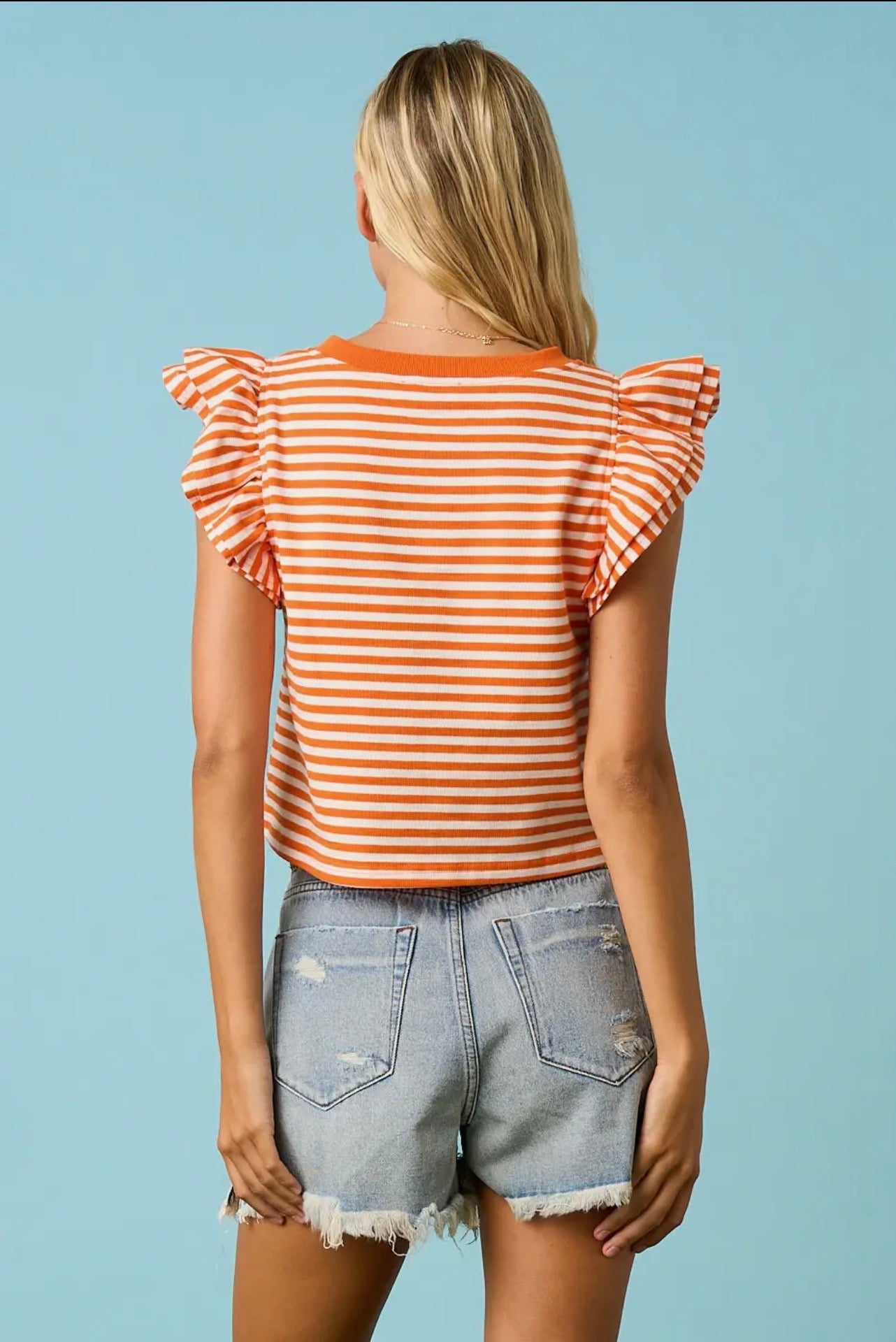 Striped Double Ruffle SS Contrast Top