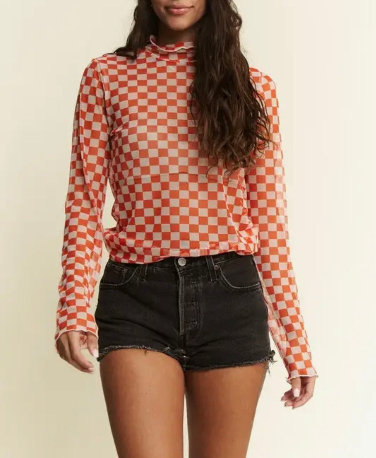 Checkerboard Mesh Mock Neck Top
