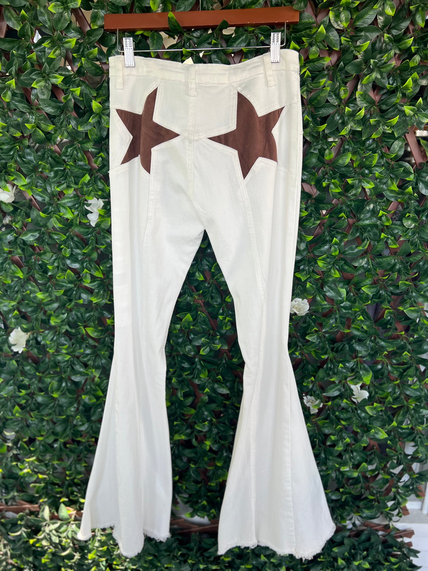 White Bell Bottom Jeans w/ Brown Star Back-Pocket Detail