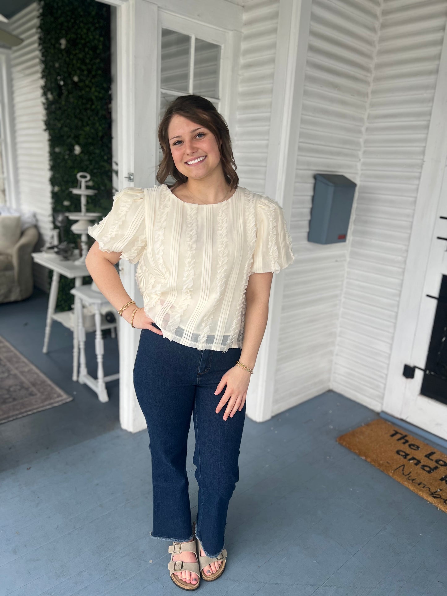 Cream Ruffle/Pleated Detail Blouse