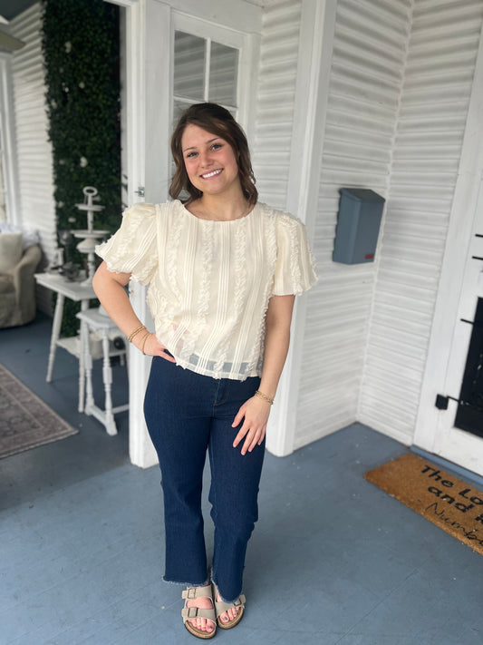 Cream Ruffle/Pleated Detail Blouse