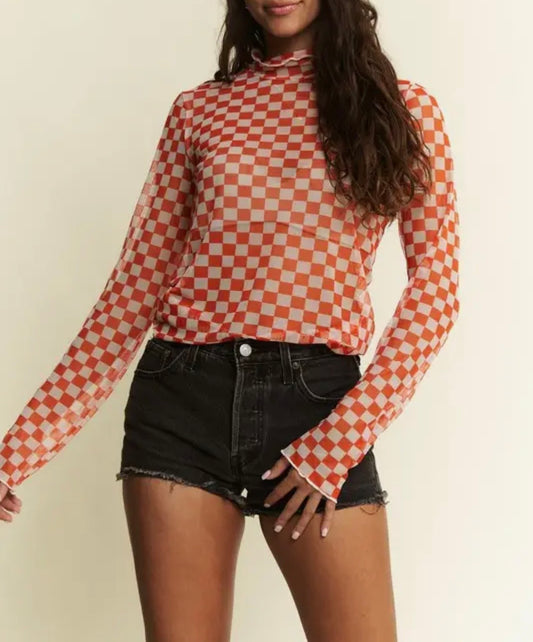 Checkerboard Mesh Mock Neck Top