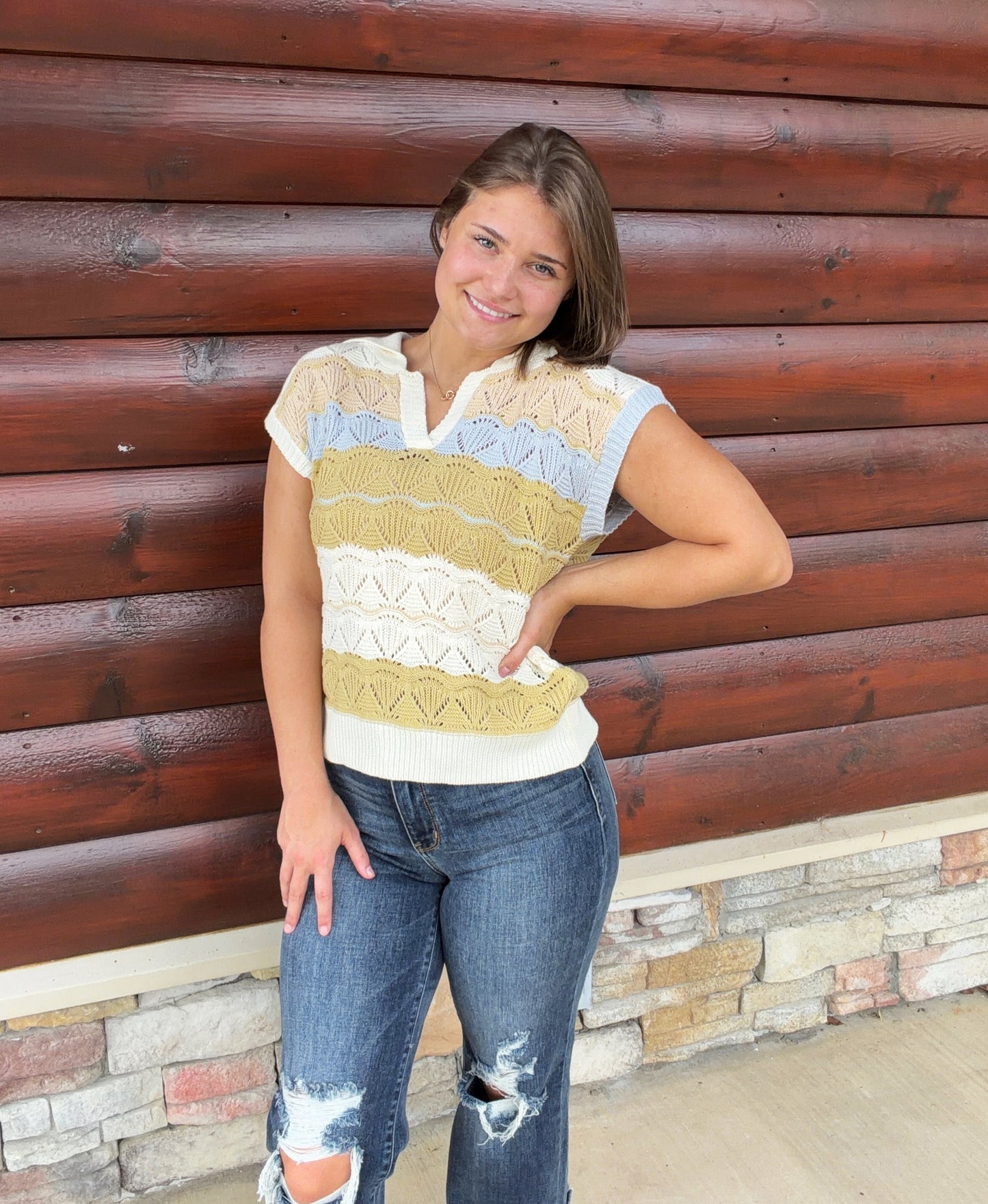 Color-Striped Ponte Polo SS Sweater