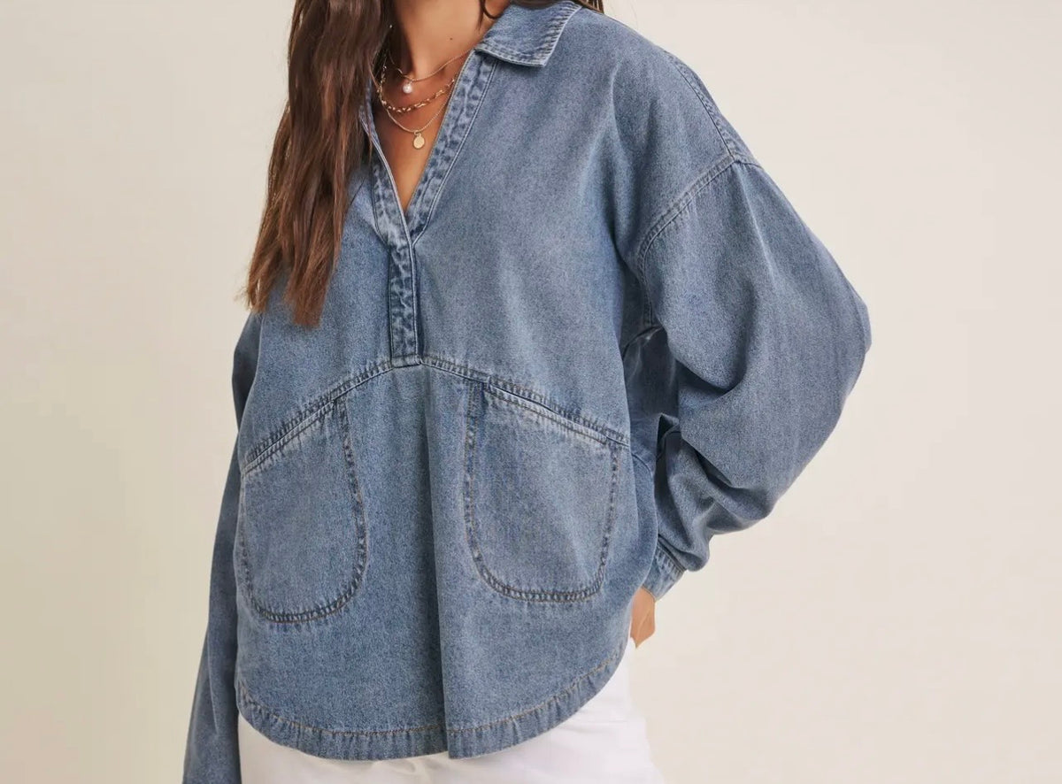 Mineral Washed Oversized Cotton Denim Pocket Top