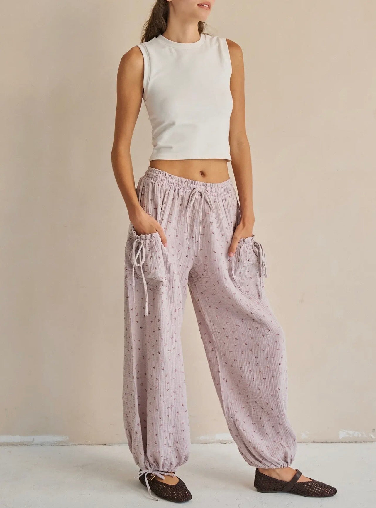 Floral Gauze Drawstring Pants