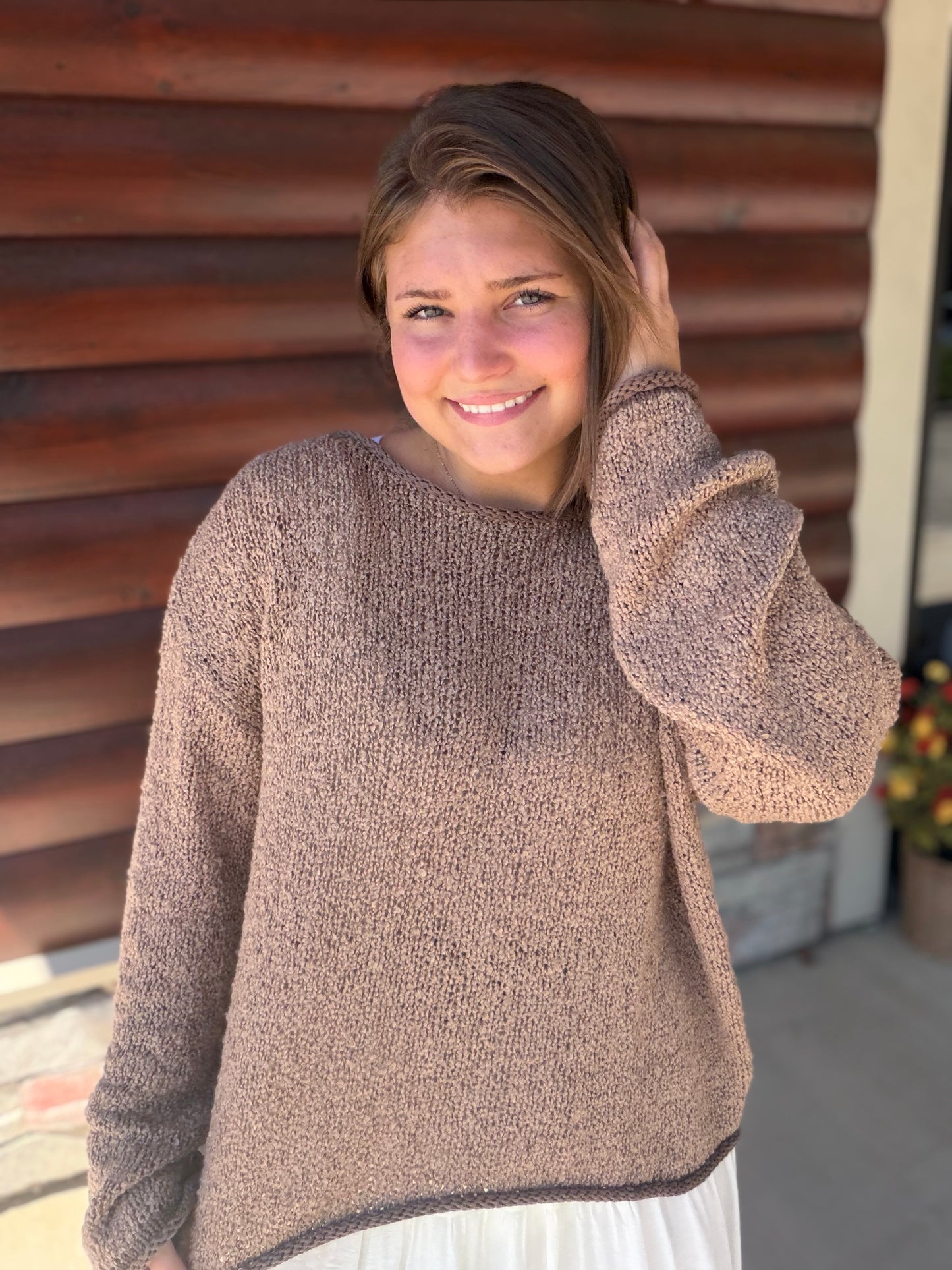 Boat Neck Contrast Trim LS Knit Sweater