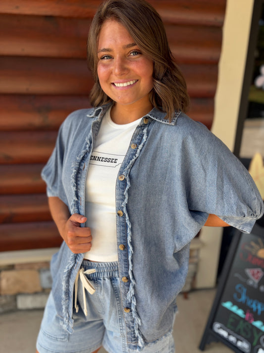 Frayed Denim Button Top